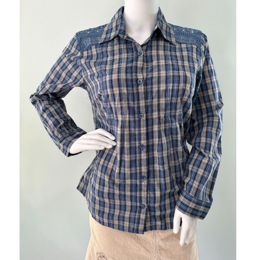 Y2k Route 66 Blue Western Plaid Button Up Shirt with Lace shoulders size M